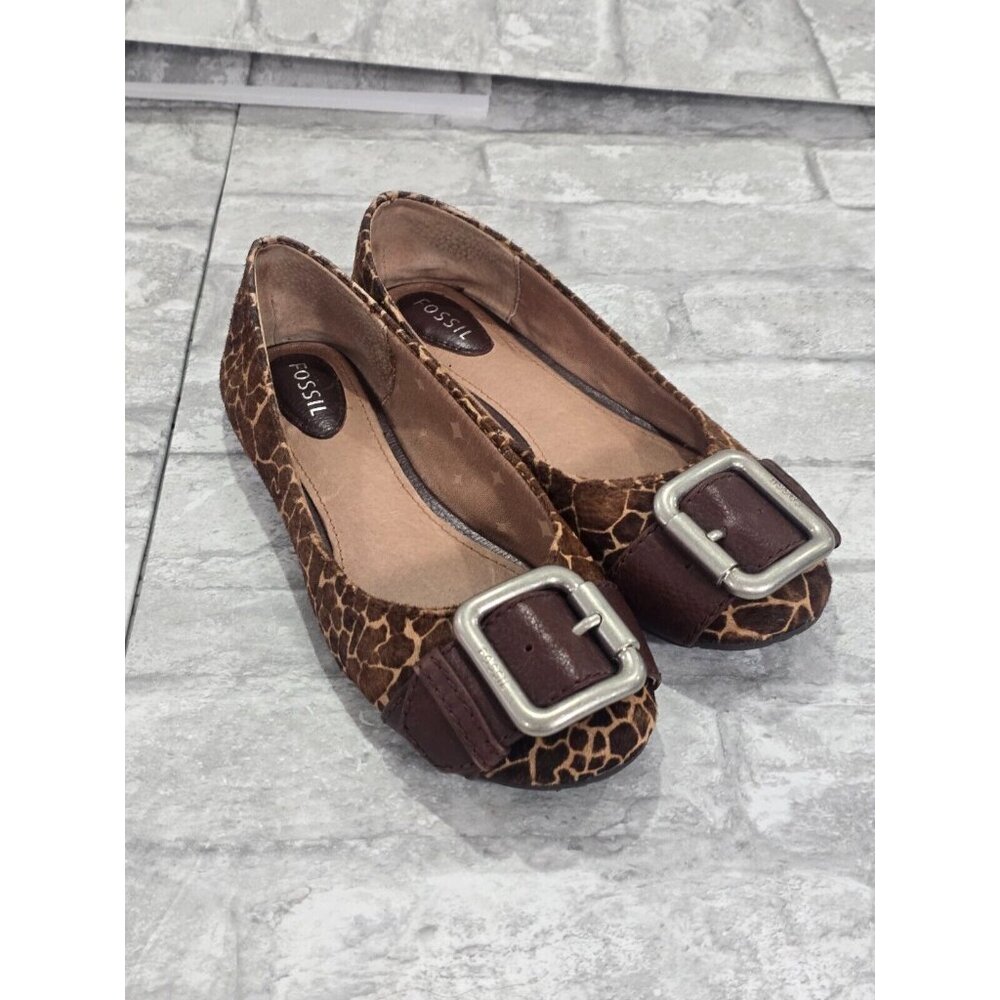 Fossil Buckle Brown Giraffe Print Calf Hair Slip On Flat Shoe Size 6/7